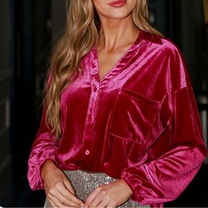 Vibrant Magenta Velvet Oversized Blouse, long sleeve with front pocket!